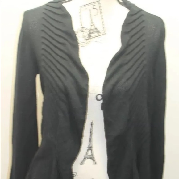 Zara Women Ruffle Black Open Cardigan Sweater Medium Cotton L/S Cable Knitted - Picture 2 of 6